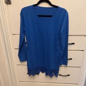 Chic Blue Lace Hem Long Sleeve Top